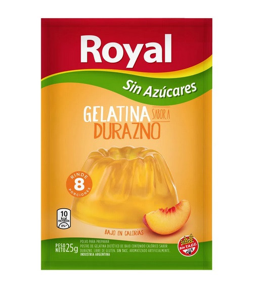 Royal Peach Ready to Make Light Jelly Gelatina Durazno Sin Azúcares Jell-O, 8 servings per pouch 25 g / 0.88 oz (box of 8 pouches) 