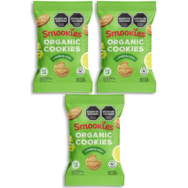 Smookies Organic Vegan Lemon & Chia Cookies Certified by OIA, 120 g / 4.23 oz (Pack of 3)