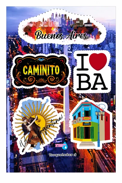Buenos Aires Landmarks & Caminito Argentina Vinyl Stickers Sheet