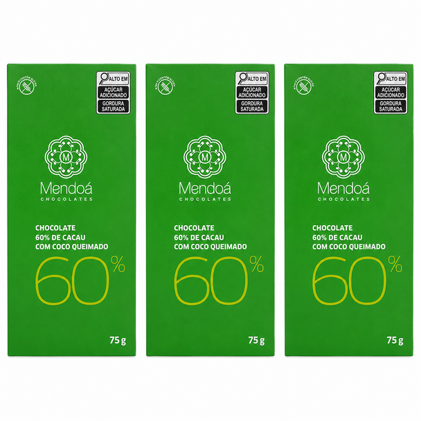 Mendoá 60% Cocoa Dark Chocolate with Coconut, 75 g / 2.65 oz (pack of 3)