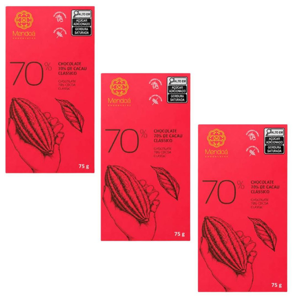 Mendoá 70% Cocoa Classic Dark Chocolate Bar, 75 g / 2.65 oz (pack of 3)