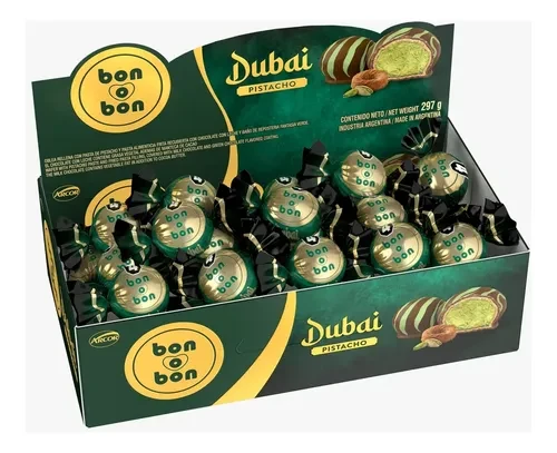 Arcor Bon o Bon Dubai Pistachio Filled Chocolate Bonbons, 297 g / 10.48 oz (box of 18)
