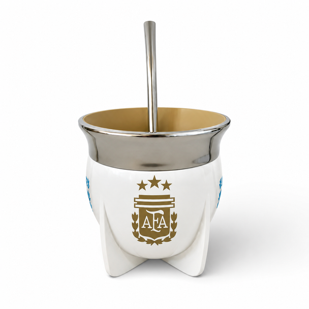 Pampa Mate AFA Campeones del Mundo Wide Mouth White Mate Gourd with Bombilla
