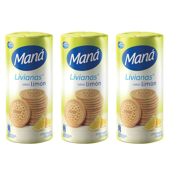 Maná Livianas Sabor Limón Thin Sweet Cookies Lemon Flavor, 145 g / 5.1 oz (pack of 3)