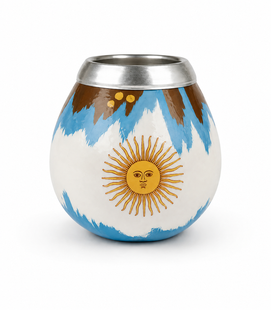 Handcrafted Lacquered Calabash Mate Gourd with Sun of May & Mountains Design