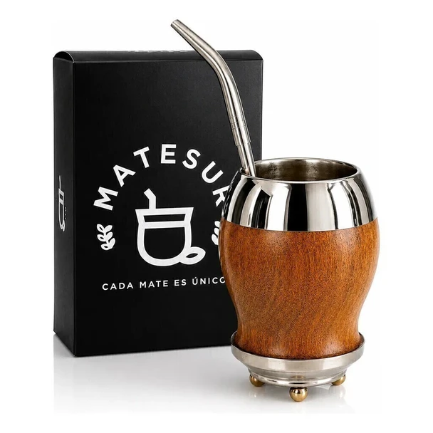 Matesur Torpedo Copa Mate Gourd Natural Carob Wood with Alpaca Base and Bombilla