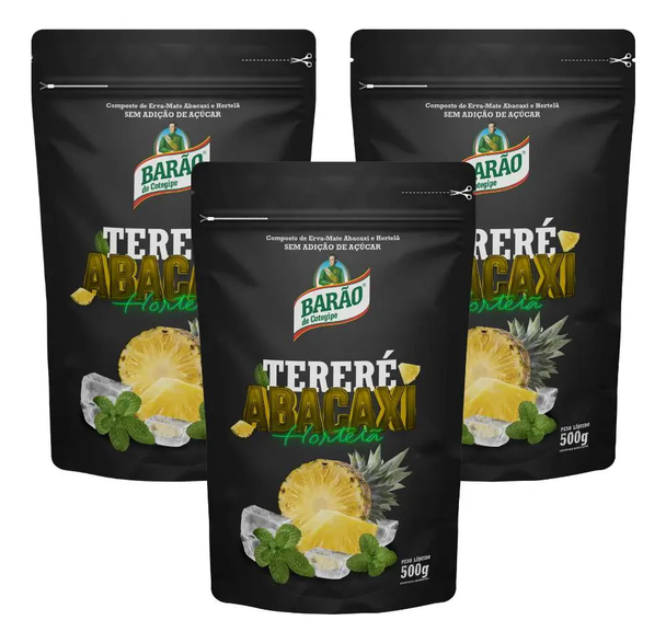 Barao Premium Pineapple & Mint Tereré Yerba Mate Doypack, 500 g / 17.64 oz (pack of 3)