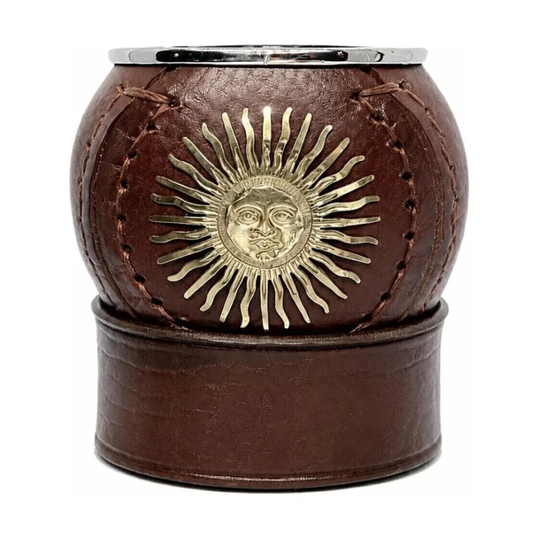 Matesur Galleta Sol de Mayo Mate Gourd Natural Calabash with Premium Leather, Handcrafted Bronze Sun & Alpaca Ferrule