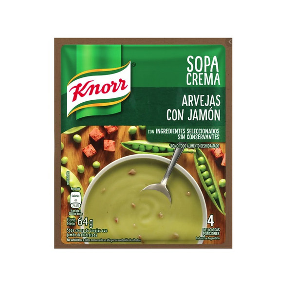 Knorr Sopa Crema Arvejas con Jamón Cream Soup Powder Ham & Peas Flavor, 4 servings per pouch, 64 g / 2.25 oz (pack of 3)