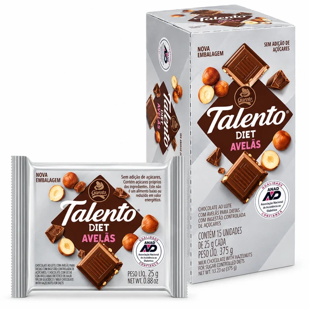 Garoto Mini Talento Diet Sugar-Free Milk Chocolate with Hazelnuts Box, 25 g / 0.88 oz (15 Units)
