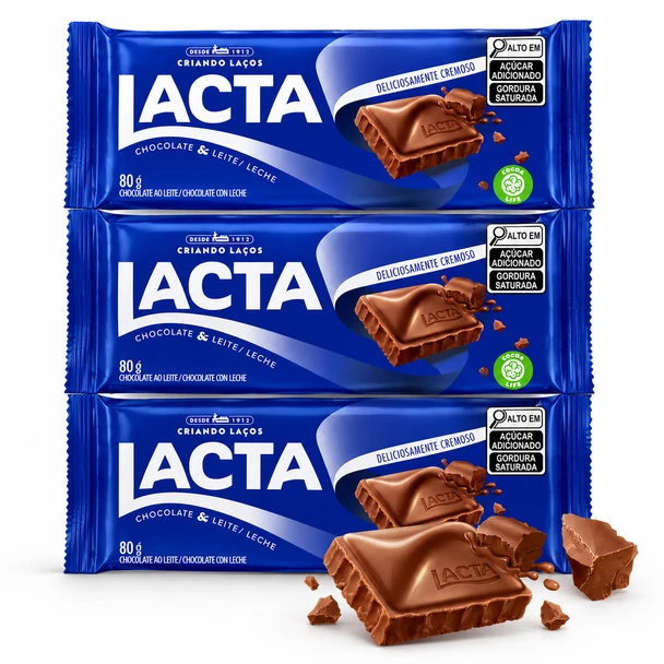 Lacta Milk Chocolate Bar, Classic Brazilian Chocolate, 80 g / 2.82 oz (pack of 3)