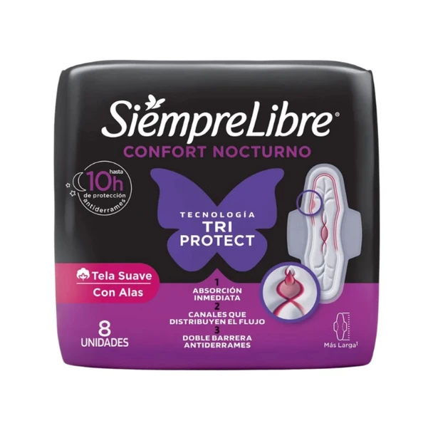 Siempre Libre Confort Nocturno Tri Protect Sanitary Pads, 8 units per pack (pack of 4)