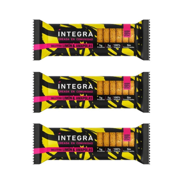 Integra Galletitas Limón y Amapola, Whole Wheat Protein Cookies, 200 g / 7.05 oz (pack of 3)