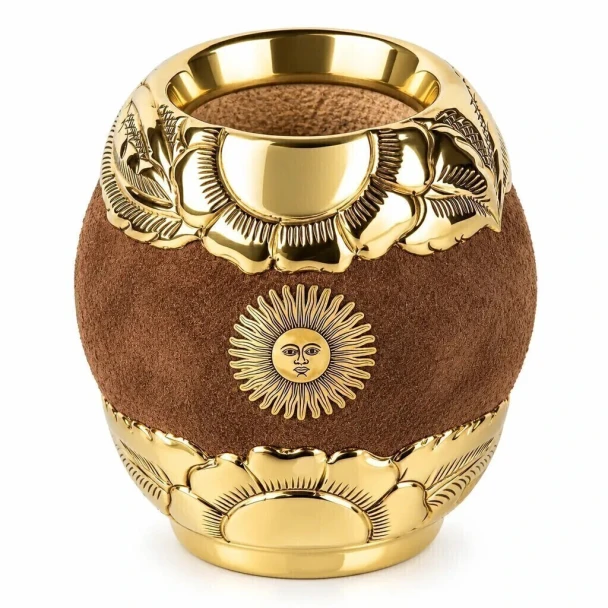 Matesur Torpedo Mate Gourd Sol de Oro with Engraved Bronze & Brown Buffalo Leather