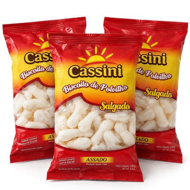 Cassini Biscoito de Polvilho Salgado, Brazilian Salted Tapioca Starch Biscuits, Baked & Gluten-Free, 100 g / 3.53 oz (pack of 3)
