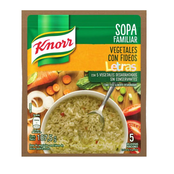 Knorr Sopa Familiar Vegetales con Fideos de Letras Powder Soup Alphabet Pasta & Vegetables Flavor, 5 servings per pouch, 107.5 g / 3.79 oz (pack of 3)
