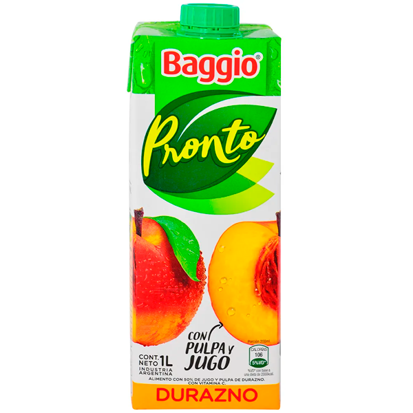 Jugo Baggio Pronto Sabor Durazno con Pulpa Peach Juice Tetra Pak, 1 L / 33.8 fl oz 
