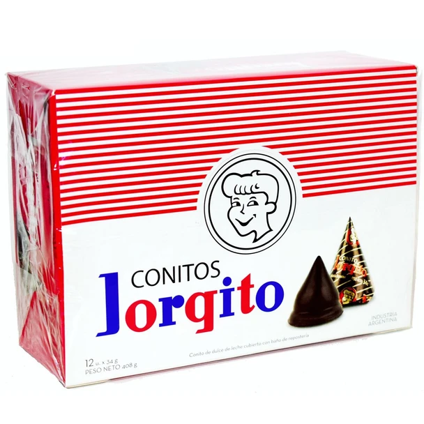 Jorgito Conito de Chocolate Relleno con Dulce de Leche Chocolate Cones Filled with Creamy Dulce de Leche, 34 g / 1.19 oz (box of 12 units)