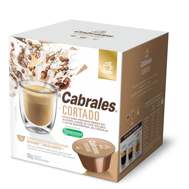 Cabrales Cortado Café Tostado Molido en Cápsulas Coffee Capsules Made with La Serenísima Milk- Compatible with Nescafé Machines, 6.3  g / 0.22 oz ea (box of 14 capsules)