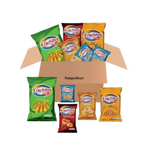 Selection Box Krachitos Salty Snacks - Potatoes Chips, Chizitos Baked Corn Sticks, Salty Pealed Peanuts, Palitos Salados & Cheddar Potatoes Chips