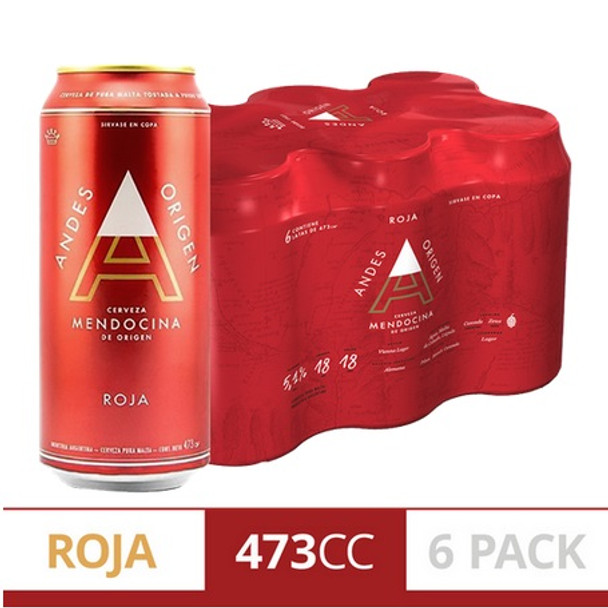 Andes Cerveza Roja Receta Mendocina De Origen Red Beer Vienna Lager with Cascade & Zeus Hops Cerveza Pura Malta Pure Malt Beer - ABV 5.1 %, 473 ml / 15.9 fl oz (pack of six cans)