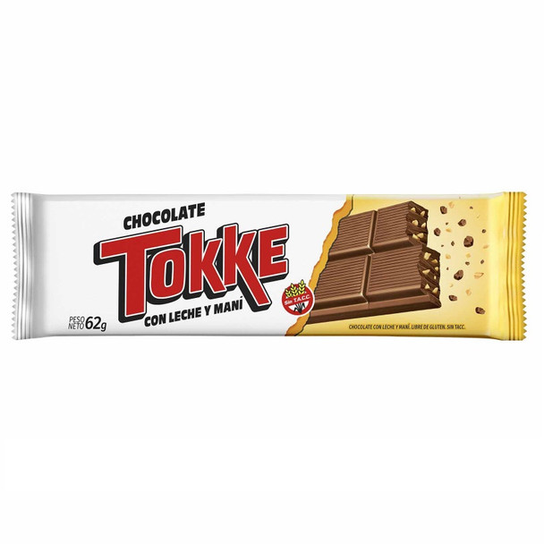 Tokke Chocolate con Leche y Maní Classic Milk Chocolate Bar with Peanuts - Gluten Free, 62 g / 2.18 oz (pack of 2 bars)