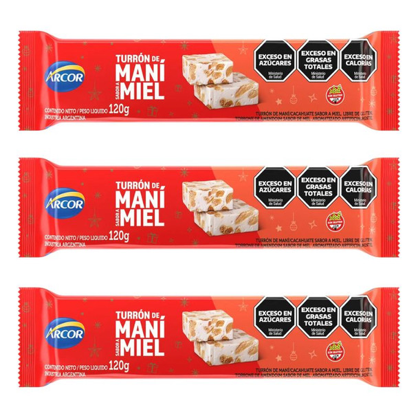 Arcor Turrón de Maní Sabor a Miel Peanuts & Honey Classic Christmas Nougat, 120 g / 4.23 oz (pack of 3 bars)