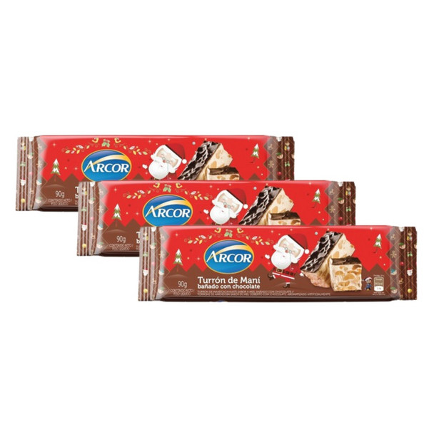 Arcor Turrón de Maní Classic Peanut Christmas Nougat with Milk Chocolate, 90 g / 3.17 oz (pack of 3 bars)