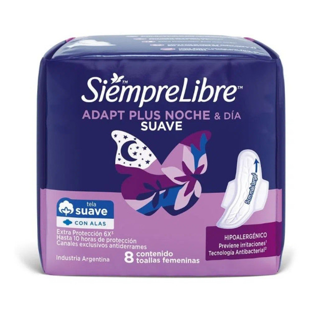 Siempre Libre Toallitas Nocturnas Adapt Plus Soft Cotton Feminine Pads with Wings Long Overnight Pads - 4 x 8 count ea (pack of 32 total count)