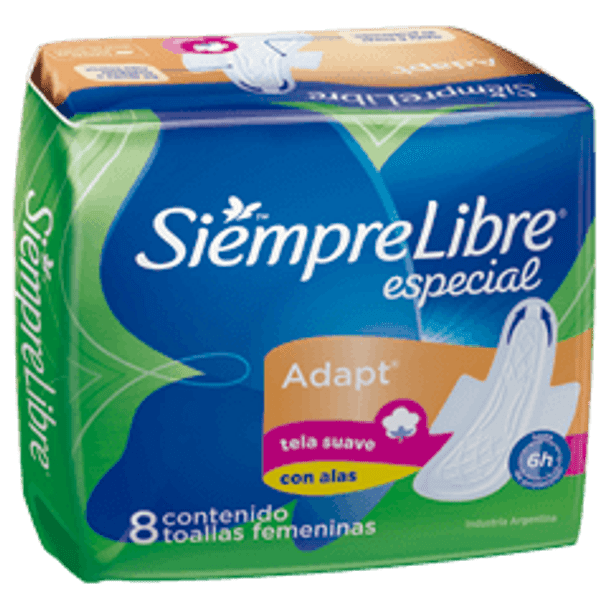 Siempre Libre Toallitas Especial Adapt Compresas Femeninas de Algodón Suave con Alas Forma Adaptable - 4 x 8 c/u (paquete de 32 c/u en total)