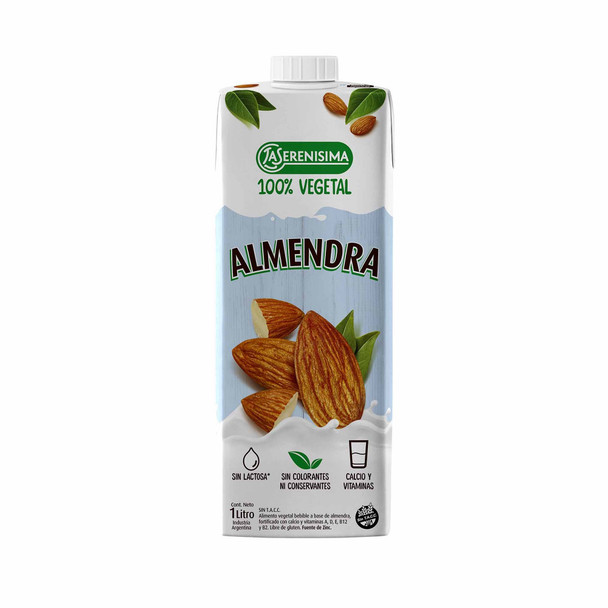 La Serenísima Bebida 100% Vegetal Almendra Almond Milk with Calcium & Vitamins - Gluten and Lactose Free - No Preservatives or Colorants Added, 1 l / 33.8 fl oz