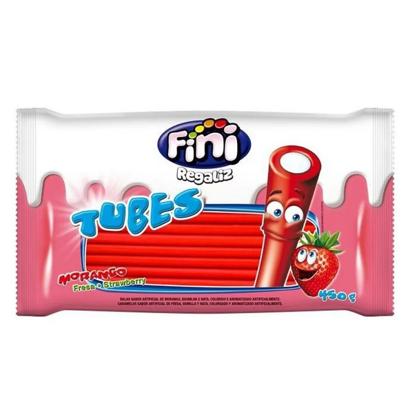Fini Regaliz Tubos de Frutilla Candy Tubes Strawberry Flavored Classic Long Licorice Candies, 450 g / 15.87 oz 