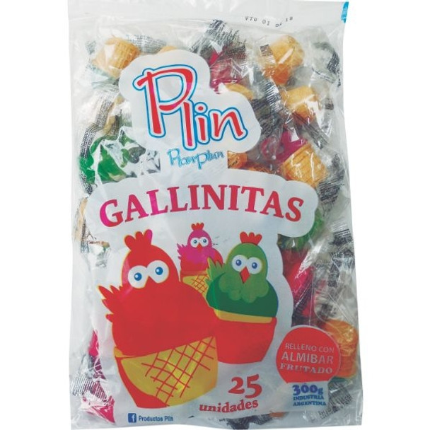 Plin Gallinitas de Merengue Old Classic Wafer & Meringue Candies with Assorted Fruits Filling  80's & 90's Vintage Candies, 300 g / 10.58 oz (pack of 25 units)