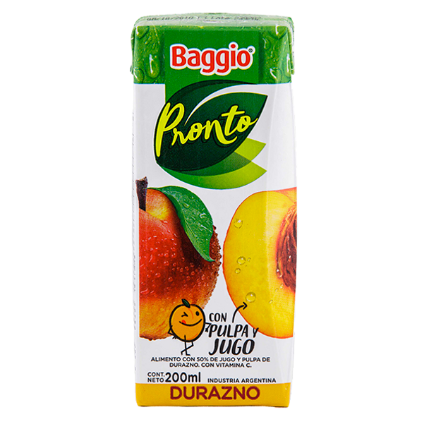 Jugo Baggio Pronto de Durazno Peach Juice Tetra Pak, 200 ml / 6.7 fl oz (pack of 3)