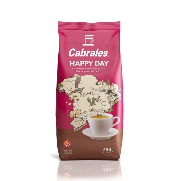 Cabrales Happy Day Café Tostado Molido Ground Roasted Coffee from Brazil - Gluten Free, 250 g / 8.81 oz