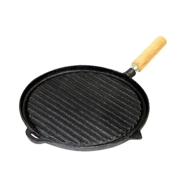 Plancha Bifera Redonda Rayada Sin Enlozar Asadera Redonda Para Hornalla Cast Iron Round Grill Roasting Griddle with Wooden Handle, 26 cm x 26 cm / 10.23" x 10.23"