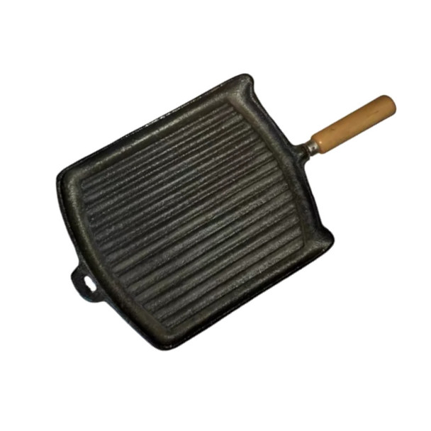 Plancha Bifera Cuadrada Rayada Sin Enlozar Asadera Para Hornalla Cast Iron Square Grill Roasting Griddle with Wooden Handle, 26 cm x 26 cm / 10.23" x 10.23"