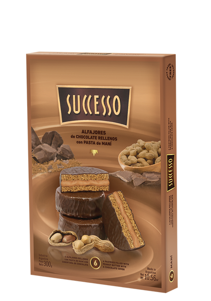 Successo Alfajores de Pasta de Maní Milk Chocolate Alfajores Filled with Peanut Cream - Trans Fat Free, 300 g / 10.56 oz (box of 6 alfajores)