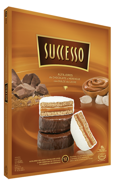 Successo Alfajores Mixed Milk Chocolate & Italian Meringue Merengue Alfajores Filled with Dulce de Leche - Trans Fat Free, 600 g / 21.16 oz (box of 12 alfajores)