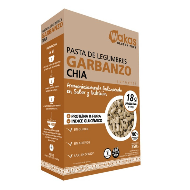 Wakas Pasta De Legumbres Garbanzo Con Chía Legume Pasta Chickpea with Chia Seeds - Gluten Free, 250 g / 8.81 oz