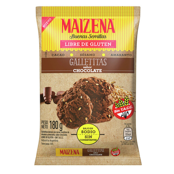 Maizena Galletitas Chocolate Cookies with Chia, Linen & Amaranth Seeds - Gluten Free, 180 g / 6.35 oz (pack of 3)