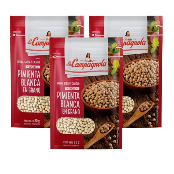 La Campagnola Especias Pimienta Blanca En Grano White Pepper Whole Corns, 25 g / 0.88 oz zipper pouch (pack of 3)