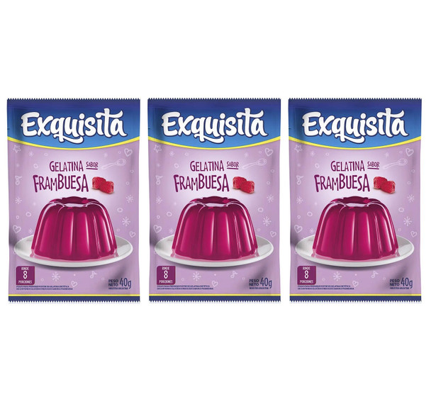 Exquisita Raspberry Ready to Make Jelly Gelatina Frambuesa Jell-O, 8 servings 40 g / 1.41 oz pouch (pack of 3)