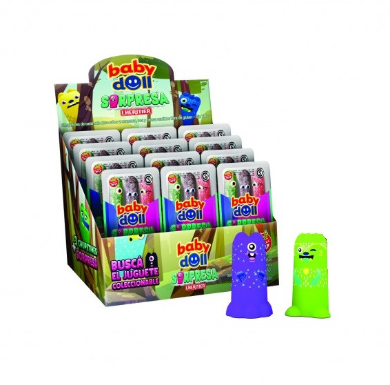 Baby Doll Chupetín Sorpresa Assorted Lollipops with Surprises Assorted Flavors Apple, Cherry & Grape, 216 g / 7.6 oz (box of 12 trays of 3 count)