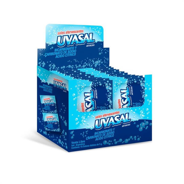 Uvasal Sales Efervescentes Effervescent Powder with Bicarbonate, Sodium Carbonate & Citric Acid for Acid Indigestion - Gluten Free, 5 g / 0.17 oz pouch (box of 15 pouches)