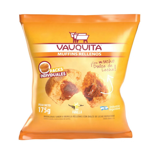 Vauquita Muffins Rellenos Con Mucho Dulce de Leche Vanilla Muffins Filled with Dulce de Leche, 175 g / 6.17 oz