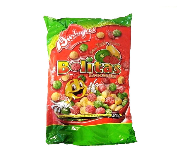 Burbujas Bolitas Crocantes Dulces Tutti-Frutti Cornmeal Sweet Snack Classic "Puflitos" Assorted Fruits Flavors Old Classic Parties Snack, 400 g / 14.1 oz bag