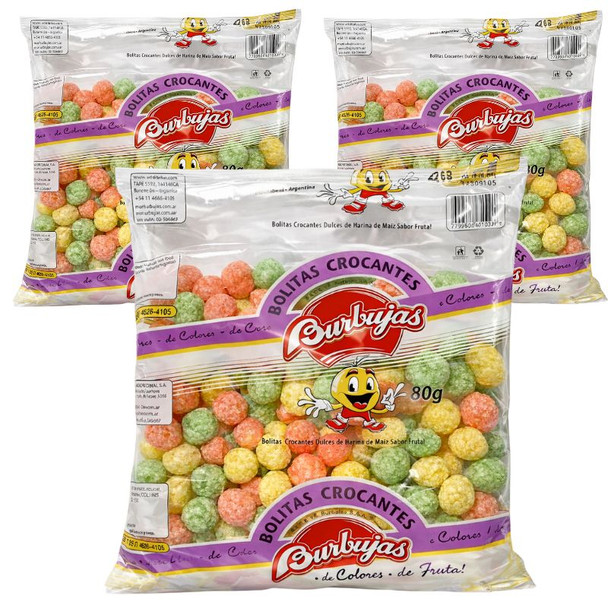 Burbujas Bolitas Crocantes Dulces Tutti-Frutti Cornmeal Sweet Snack Classic "Puflitos" Assorted Fruits Flavors Old Classic Parties Snack, 80 g / 2.82 oz bag (pack of 3)