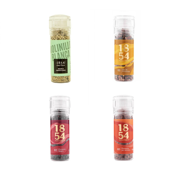 Mix Pack 1854 Hierbas & Especias Premium Pepper Variations Grinder Set White Pepper, Black Pepper, Green Pepper & Jamaican Pepper, 4 units