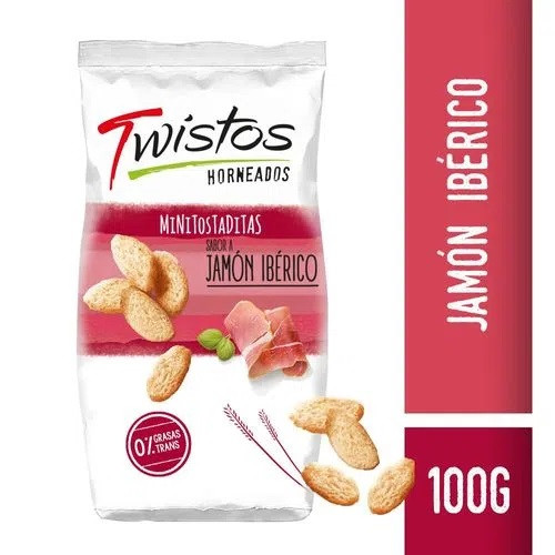 Twistos Horneados Sabor Jamón Ibérico Mini Baked Toasts Iberian Ham Flavor, 100 g / 3.52 oz (pack of 3)